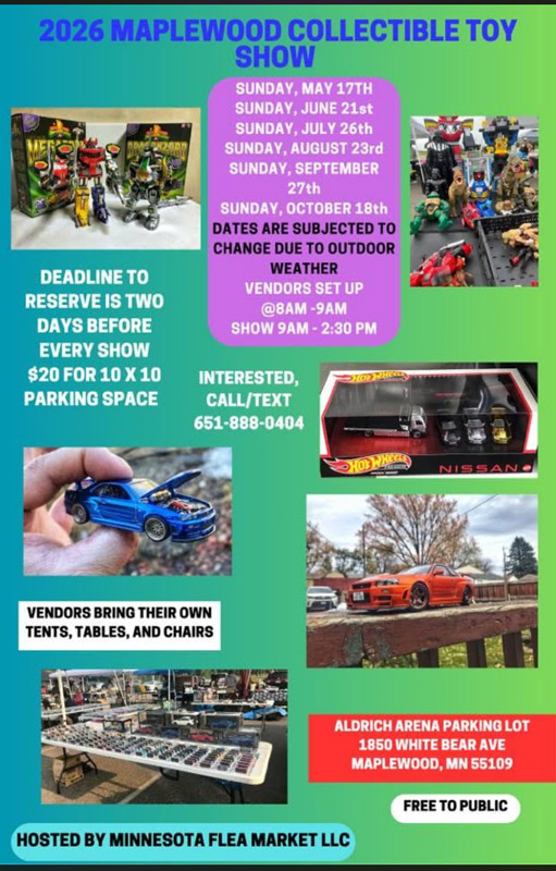 Maplewood Collectible Toy Show 2026 Hot Wheels and diecast event flyer in Maplewood, Minnesota